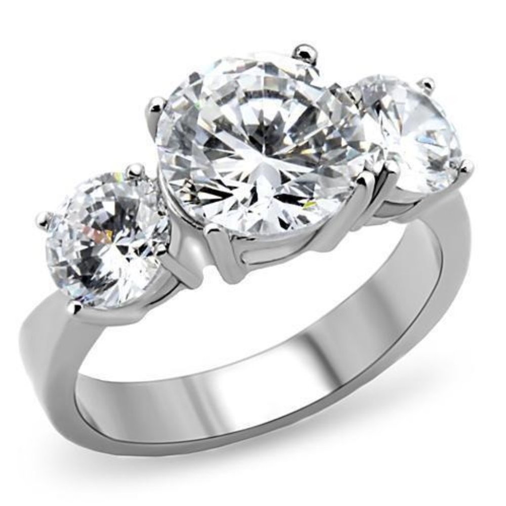 3 Stone 9 mm Round Cut CZ's Stainless Steel Ring